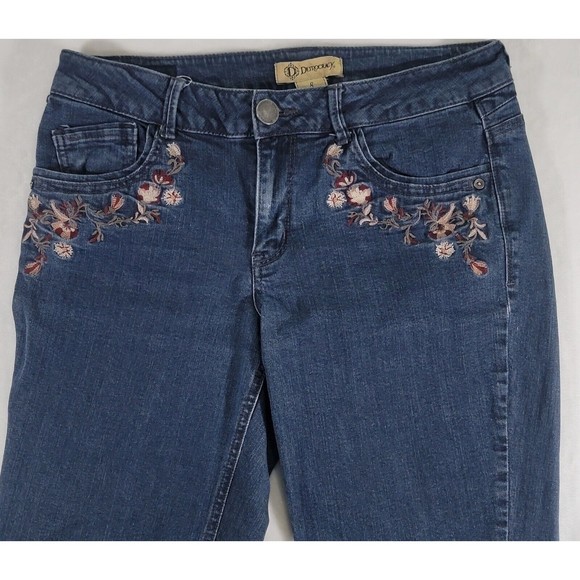Democracy Embroidered Floral Girlfriend Jeans Size 8 Mid Rise Dark Blue Denim - Picture 4 of 16